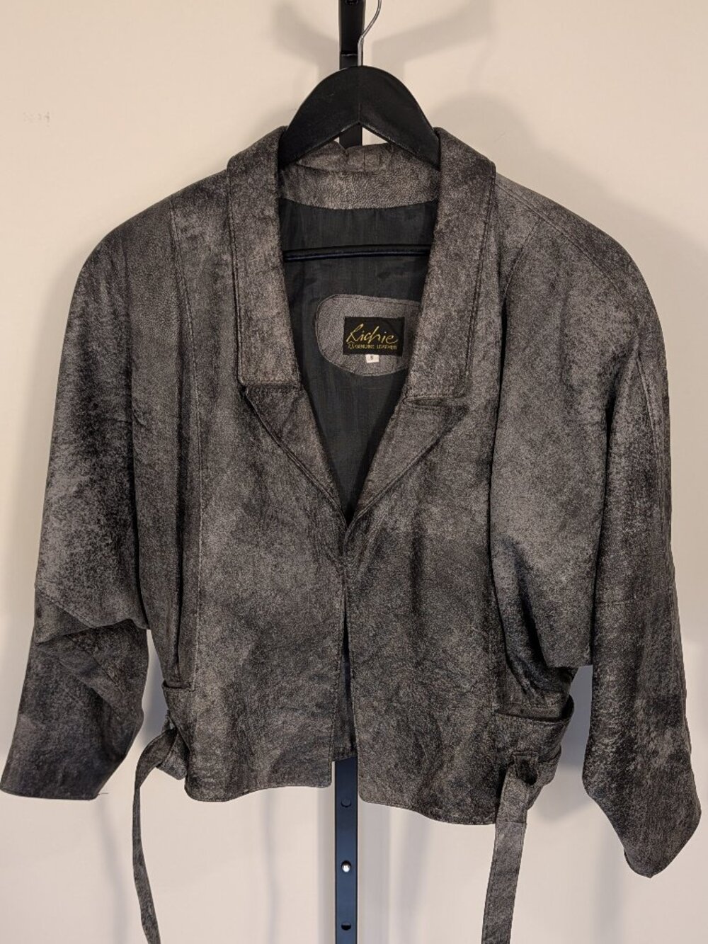 Vintage 80s Distressed Leather Cropped Jacket | Wrap Belt | Batwing Sleeves | S